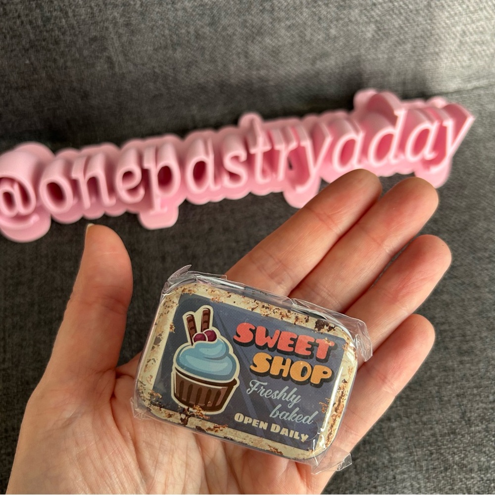 “SWEET SHOP Freshly Baked Open Daily” Mini Travel Tin, Pill, Jewelry Box, Blue